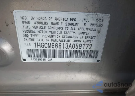 2003 Honda Accord 3.0 Ex from USA, damaged, VIN 1HGCM66813A059172